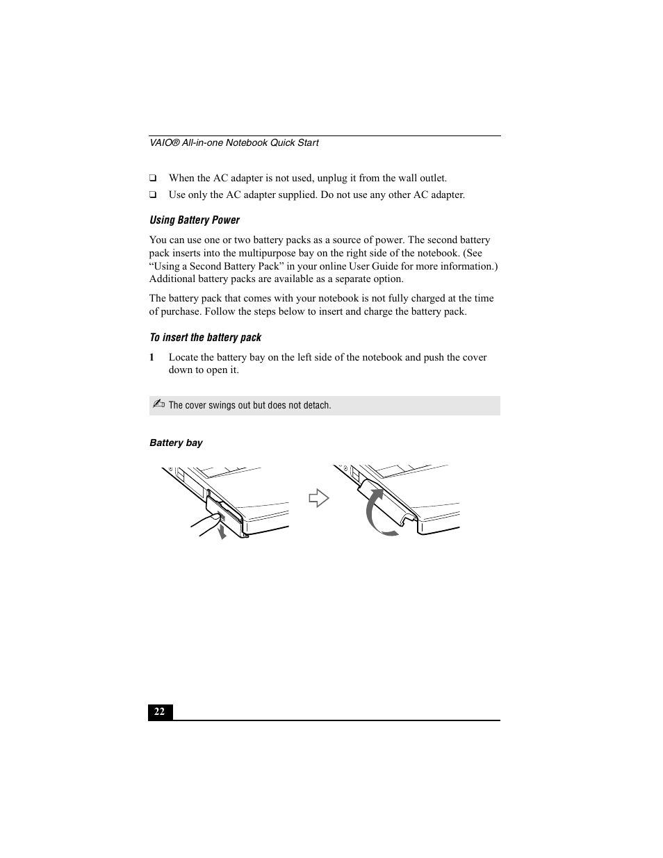 Using battery power, To insert the battery pack, Battery bay | Sony PCG-FX370 User Manual | Page 22 / 80
