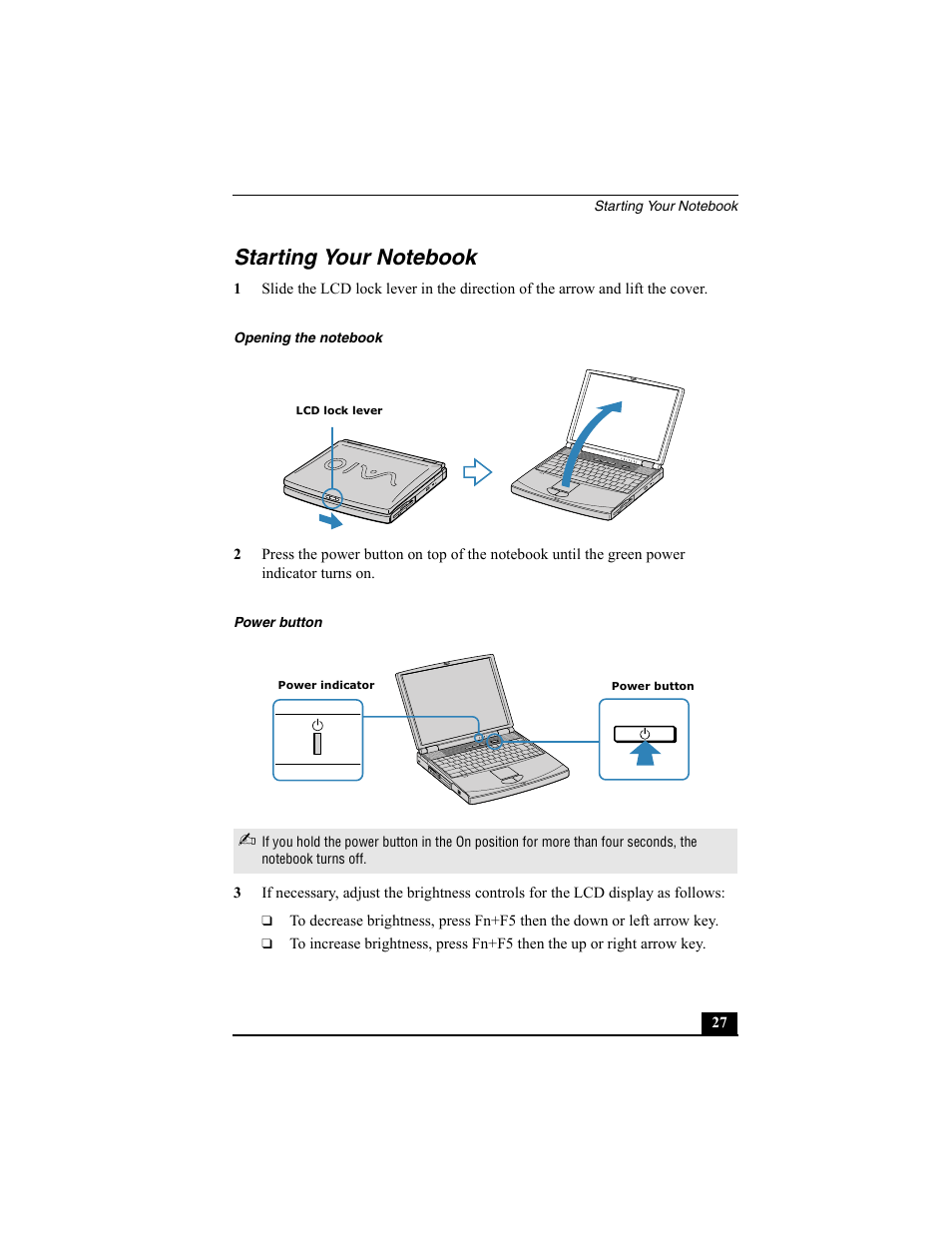 Starting your notebook, Opening the notebook, Power button | Sony PCG-FX370 User Manual | Page 27 / 80