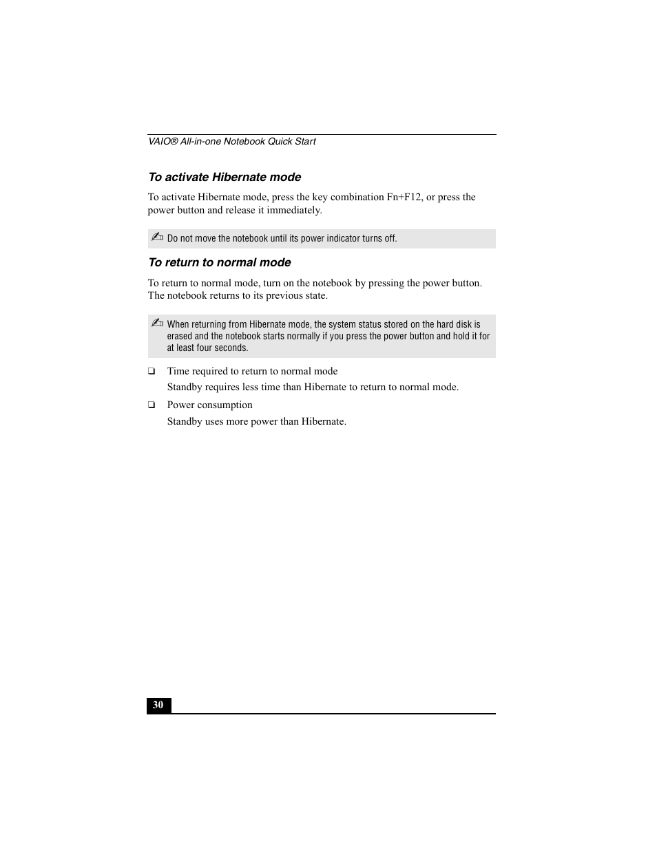 To activate hibernate mode, To return to normal mode | Sony PCG-FX370 User Manual | Page 30 / 80