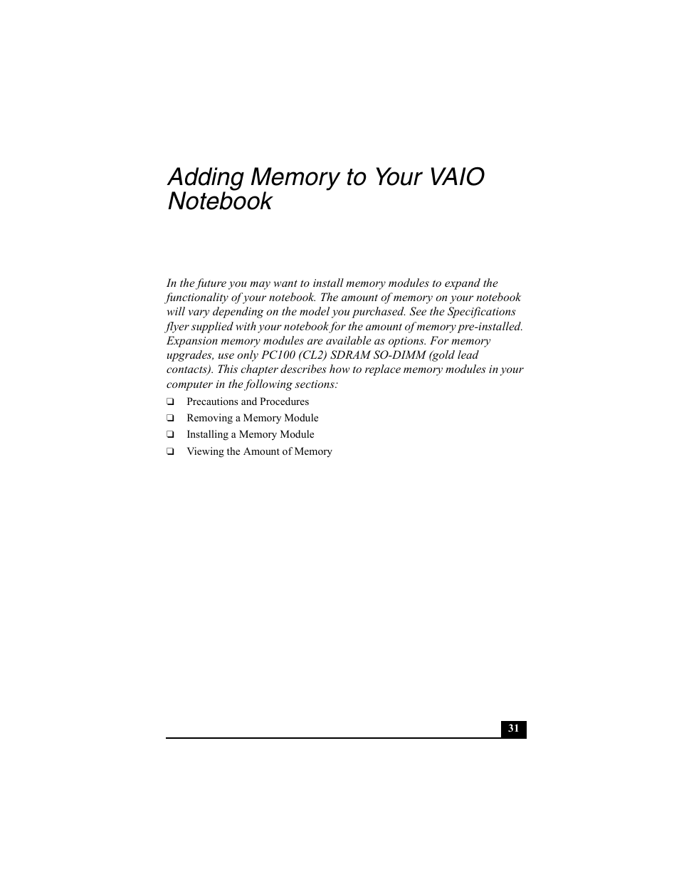 Adding memory to your vaio notebook | Sony PCG-FX370 User Manual | Page 31 / 80