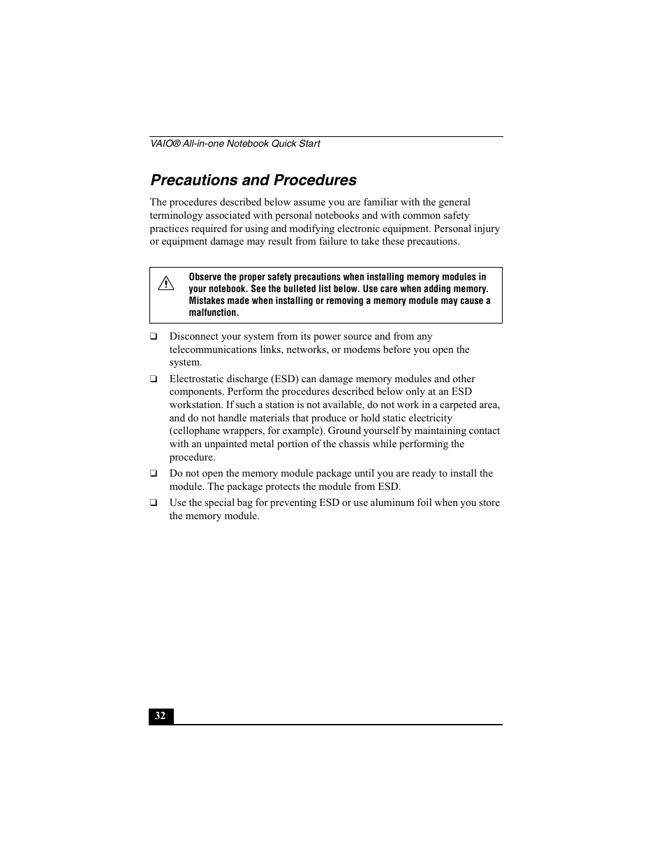 Precautions and procedures | Sony PCG-FX370 User Manual | Page 32 / 80