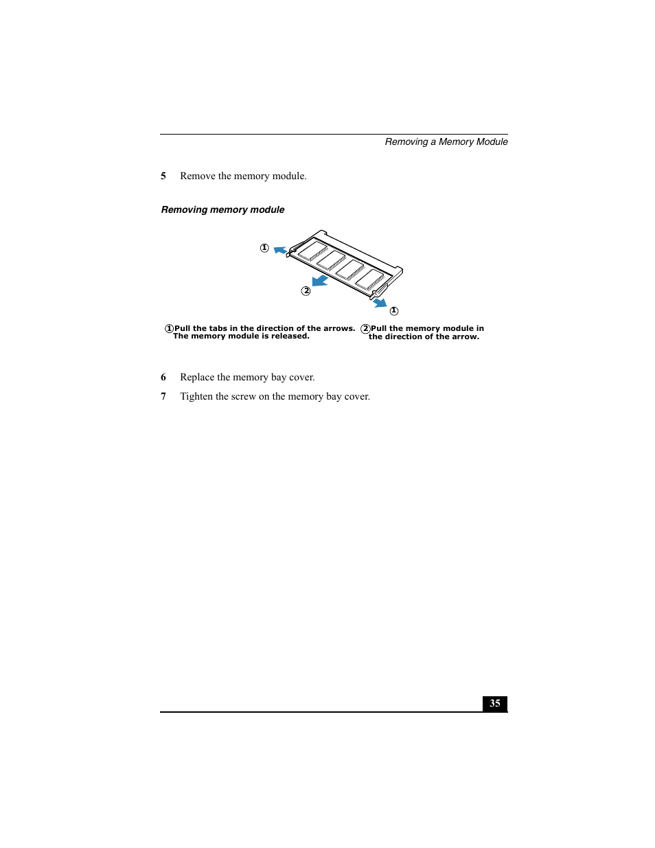 5 remove the memory module, Removing memory module, 6 replace the memory bay cover | 7 tighten the screw on the memory bay cover | Sony PCG-FX370 User Manual | Page 35 / 80