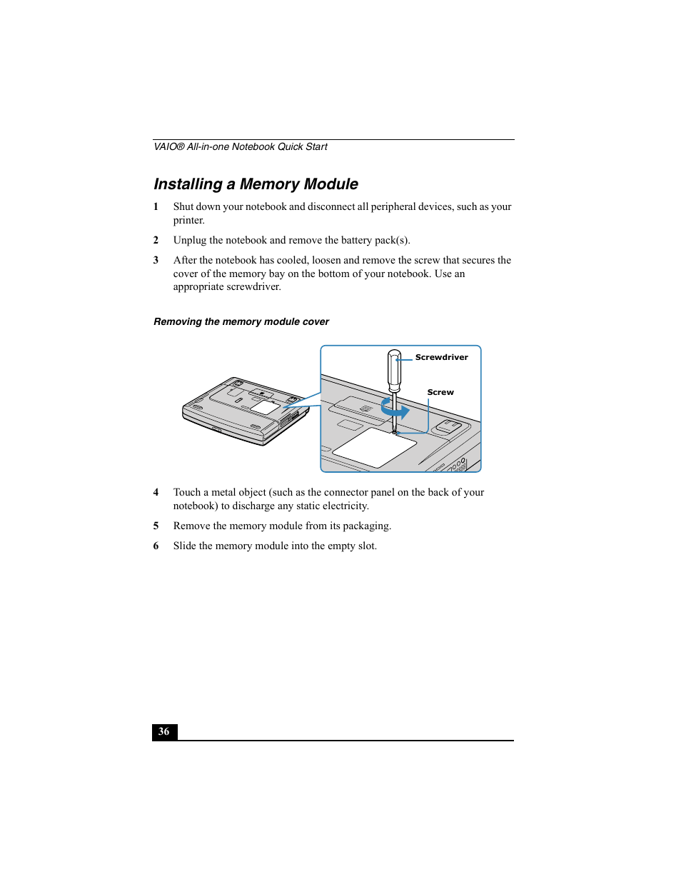 Installing a memory module, Removing the memory module cover, 5 remove the memory module from its packaging | 6 slide the memory module into the empty slot | Sony PCG-FX370 User Manual | Page 36 / 80