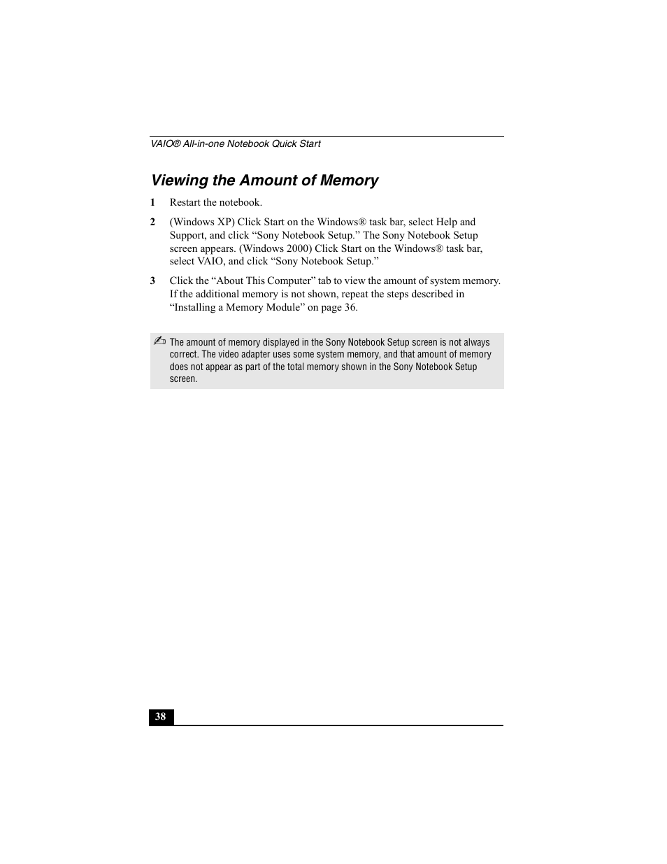 Viewing the amount of memory, 1 restart the notebook | Sony PCG-FX370 User Manual | Page 38 / 80