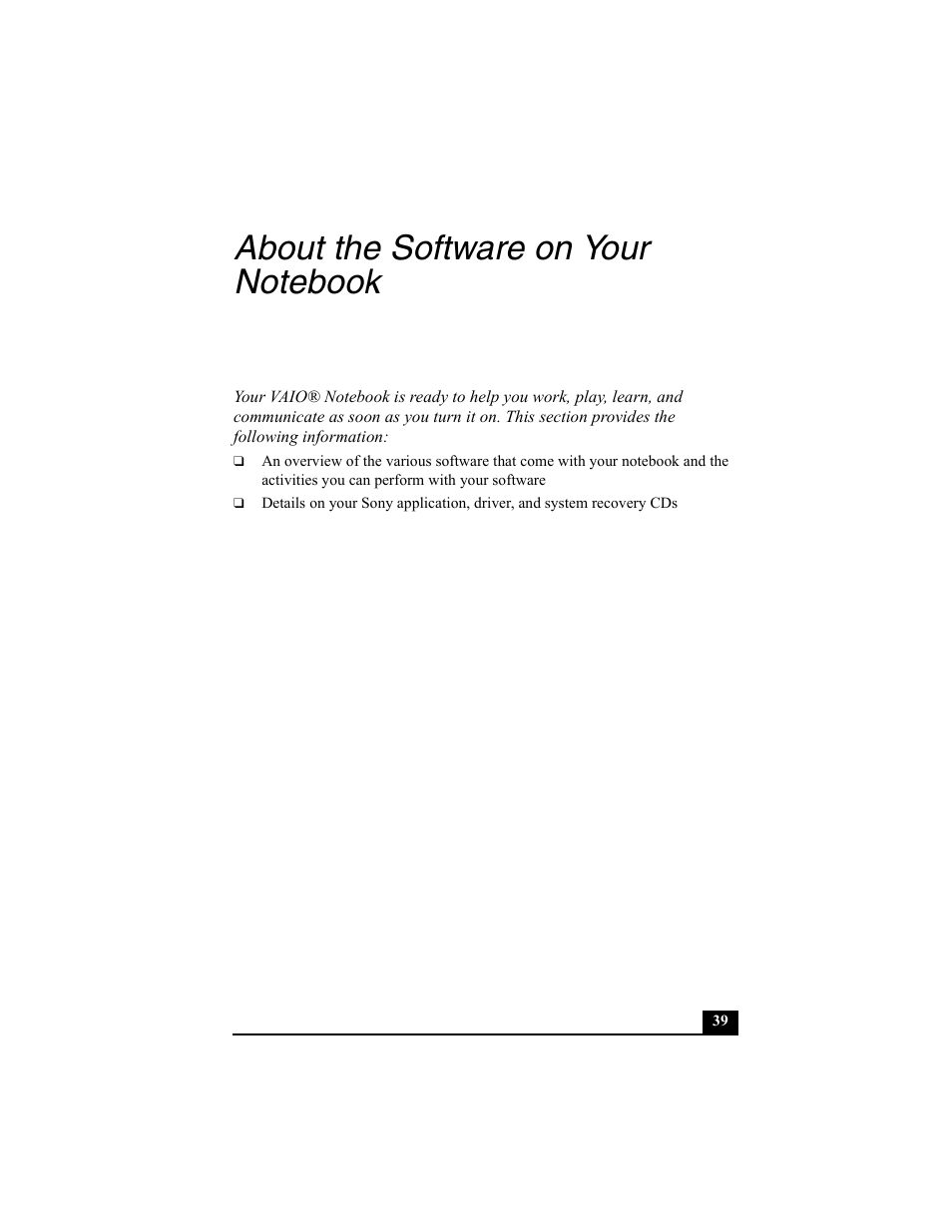 About the software on your notebook | Sony PCG-FX370 User Manual | Page 39 / 80