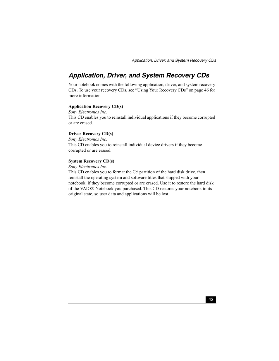 Application, driver, and system recovery cds, Application recovery cd(s), Sony electronics inc | Driver recovery cd(s), System recovery cd(s) | Sony PCG-FX370 User Manual | Page 45 / 80