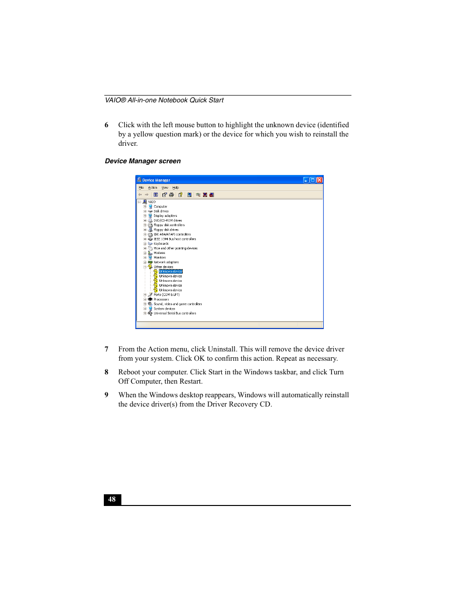 Device manager screen | Sony PCG-FX370 User Manual | Page 48 / 80