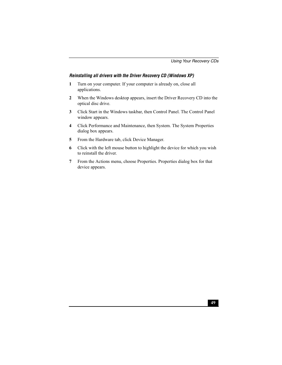 5 from the hardware tab, click device manager | Sony PCG-FX370 User Manual | Page 49 / 80