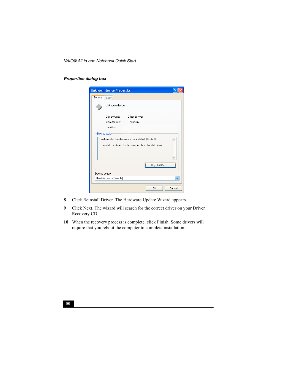 Properties dialog box | Sony PCG-FX370 User Manual | Page 50 / 80