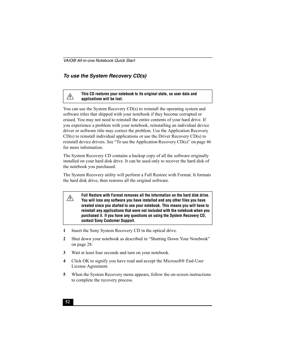 To use the system recovery cd(s) | Sony PCG-FX370 User Manual | Page 52 / 80
