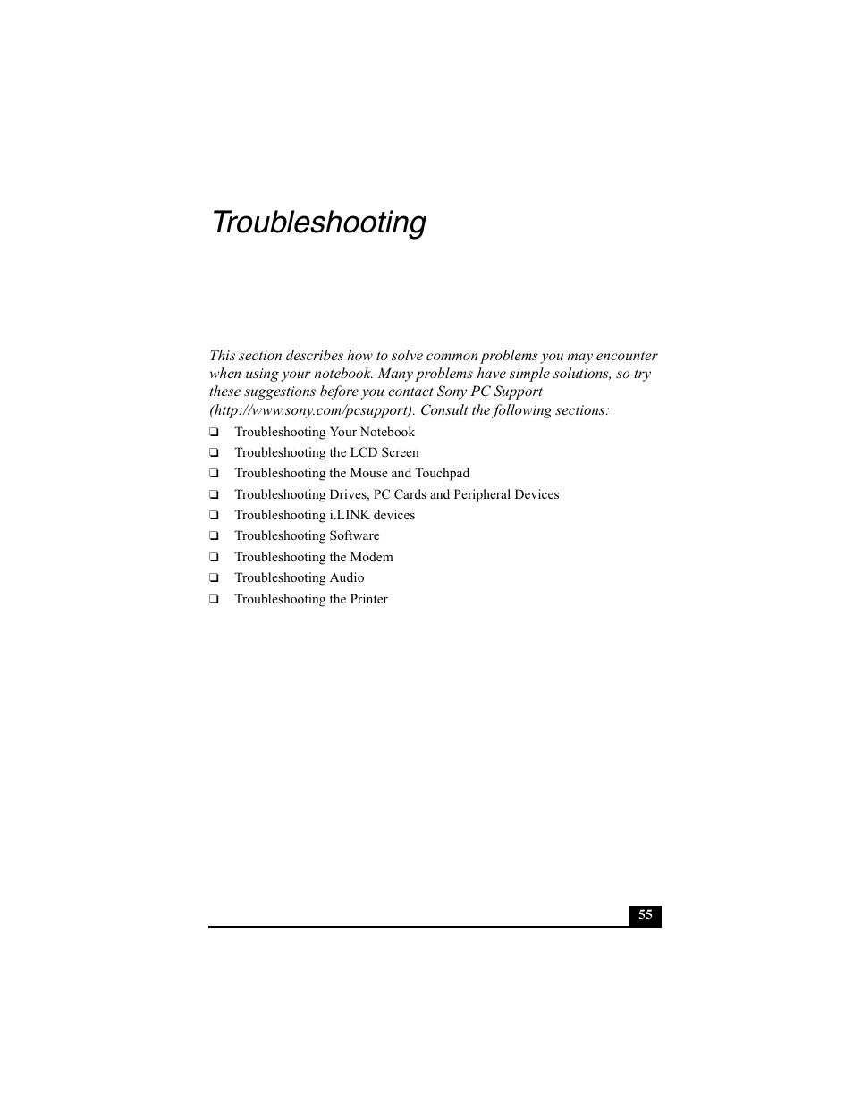Troubleshooting | Sony PCG-FX370 User Manual | Page 55 / 80