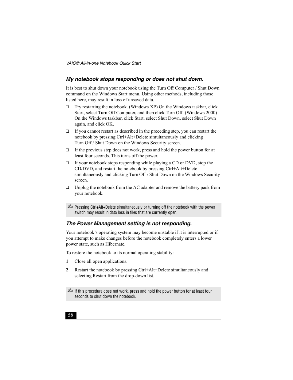 My notebook stops responding or does not shut down, The power management setting is not responding, 1 close all open applications | Sony PCG-FX370 User Manual | Page 58 / 80