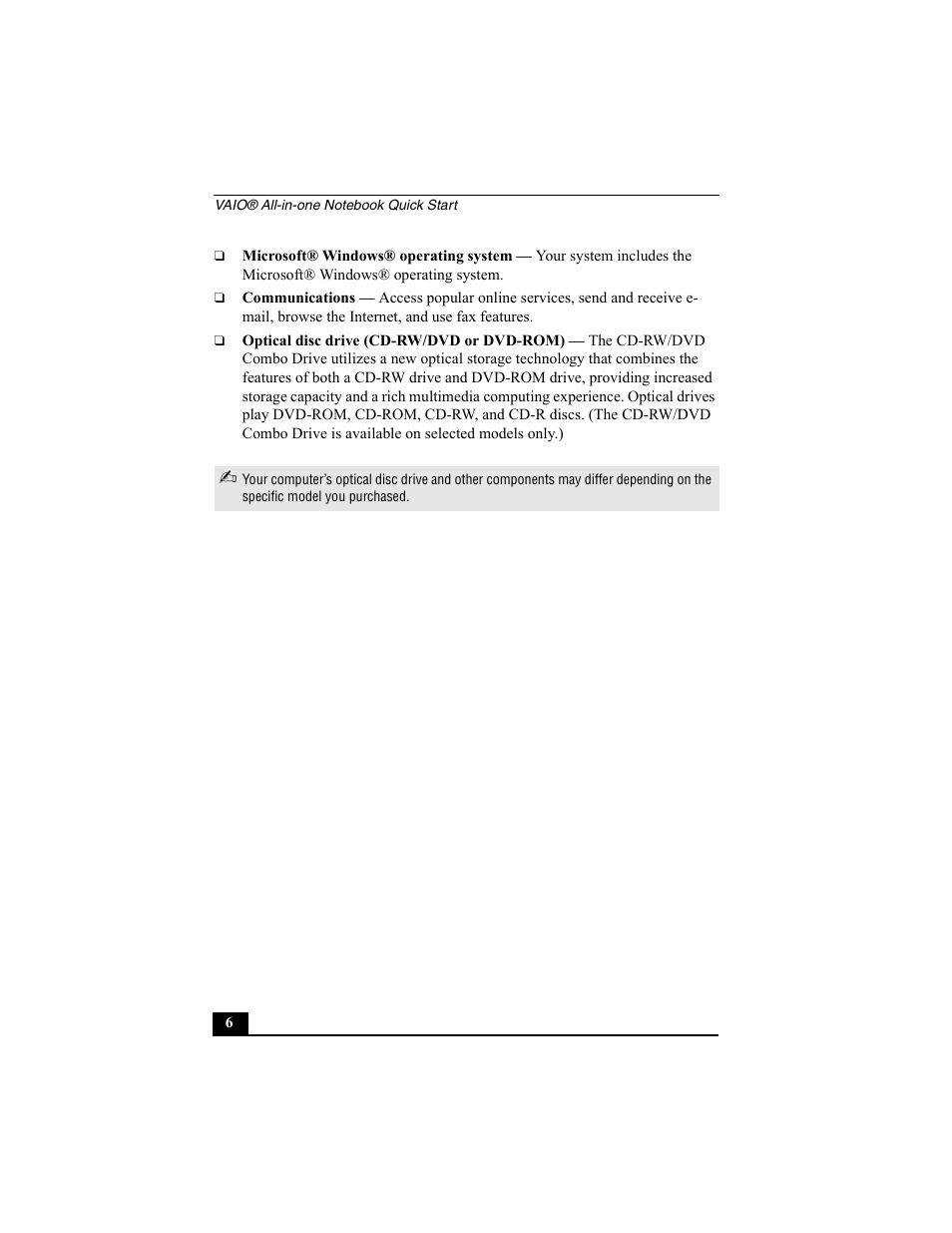Microsoft® windows® operating system, Communications, Optical disc drive (cd-rw/dvd or dvd-rom) | Sony PCG-FX370 User Manual | Page 6 / 80