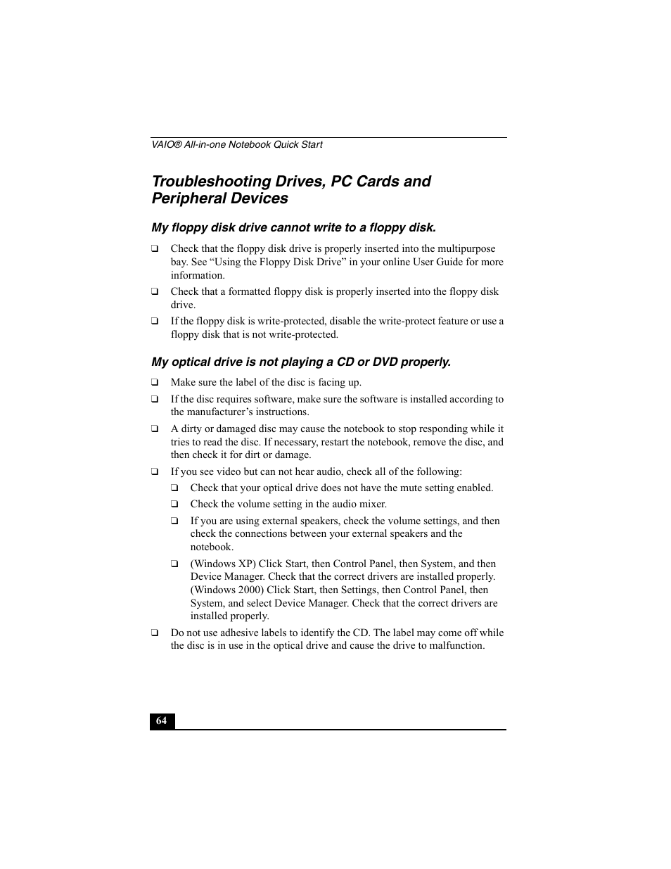 My floppy disk drive cannot write to a floppy disk | Sony PCG-FX370 User Manual | Page 64 / 80
