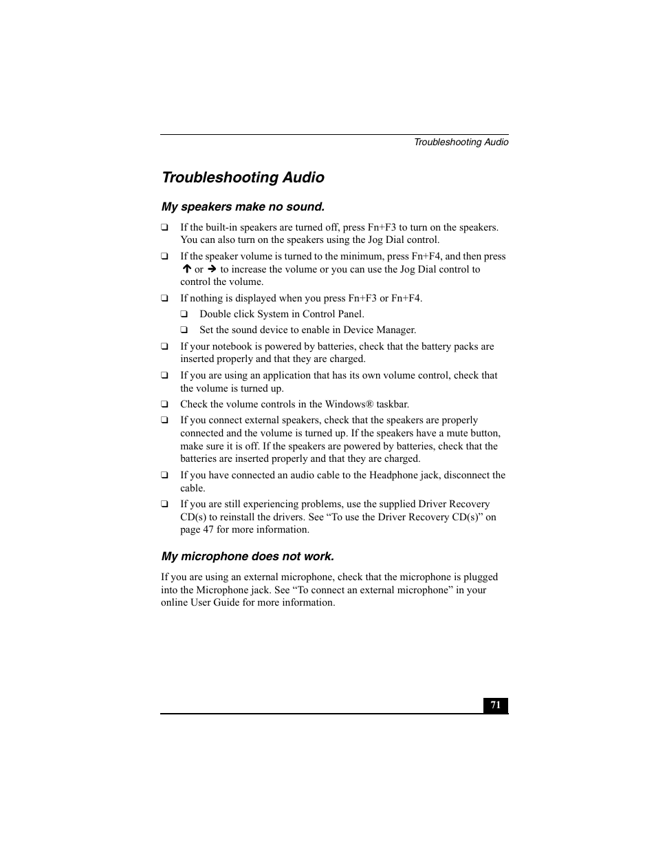 Troubleshooting audio, My speakers make no sound, My microphone does not work | Sony PCG-FX370 User Manual | Page 71 / 80