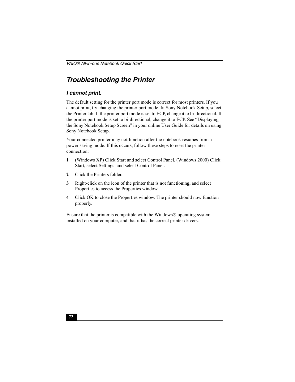 Troubleshooting the printer, I cannot print, 2 click the printers folder | Sony PCG-FX370 User Manual | Page 72 / 80