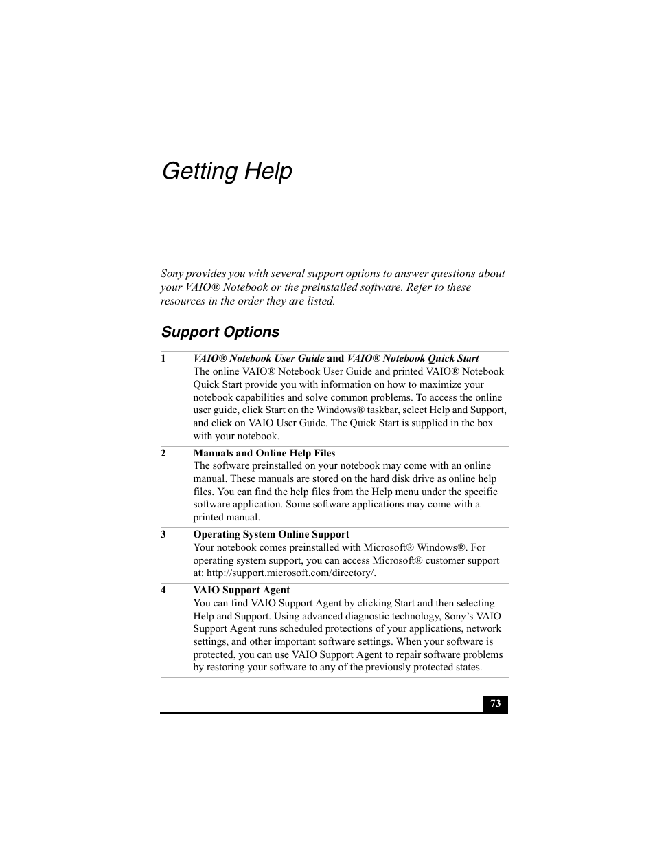 Getting help, Support options | Sony PCG-FX370 User Manual | Page 73 / 80