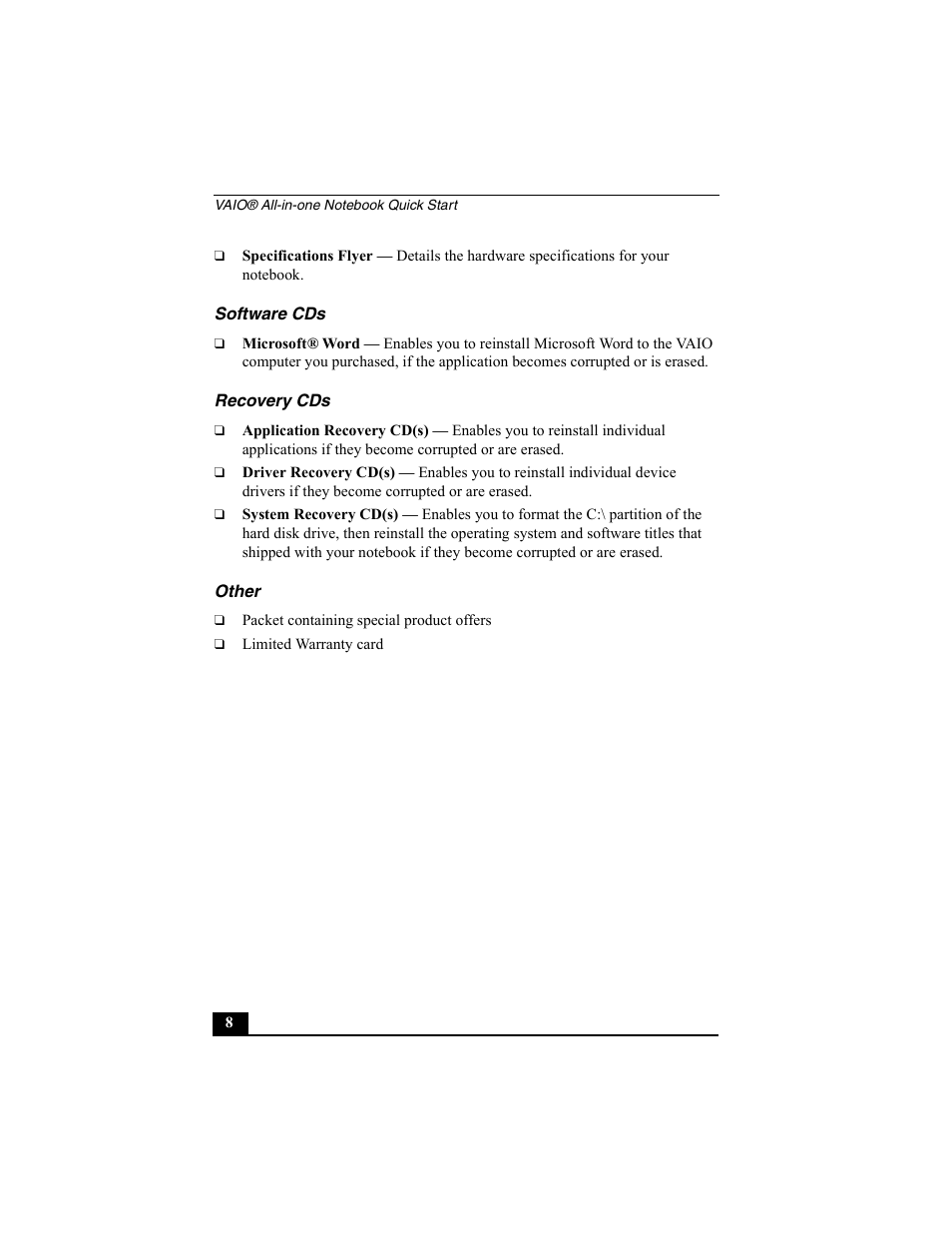 Specifications flyer, Software cds, Microsoft® word | Recovery cds, Application recovery cd(s), Driver recovery cd(s), System recovery cd(s), Other | Sony PCG-FX370 User Manual | Page 8 / 80