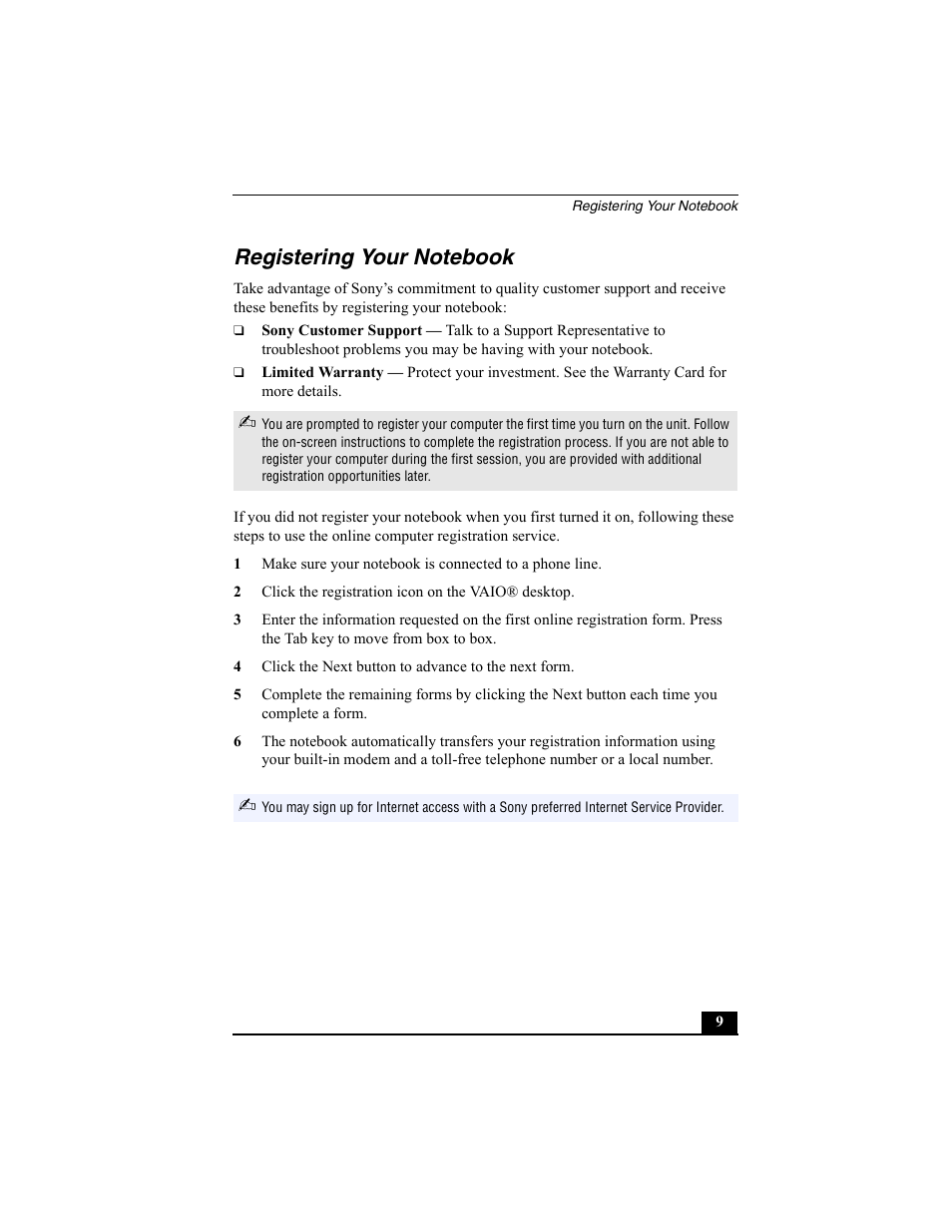 Registering your notebook, Sony customer support, Limited warranty | 2 click the registration icon on the vaio® desktop | Sony PCG-FX370 User Manual | Page 9 / 80