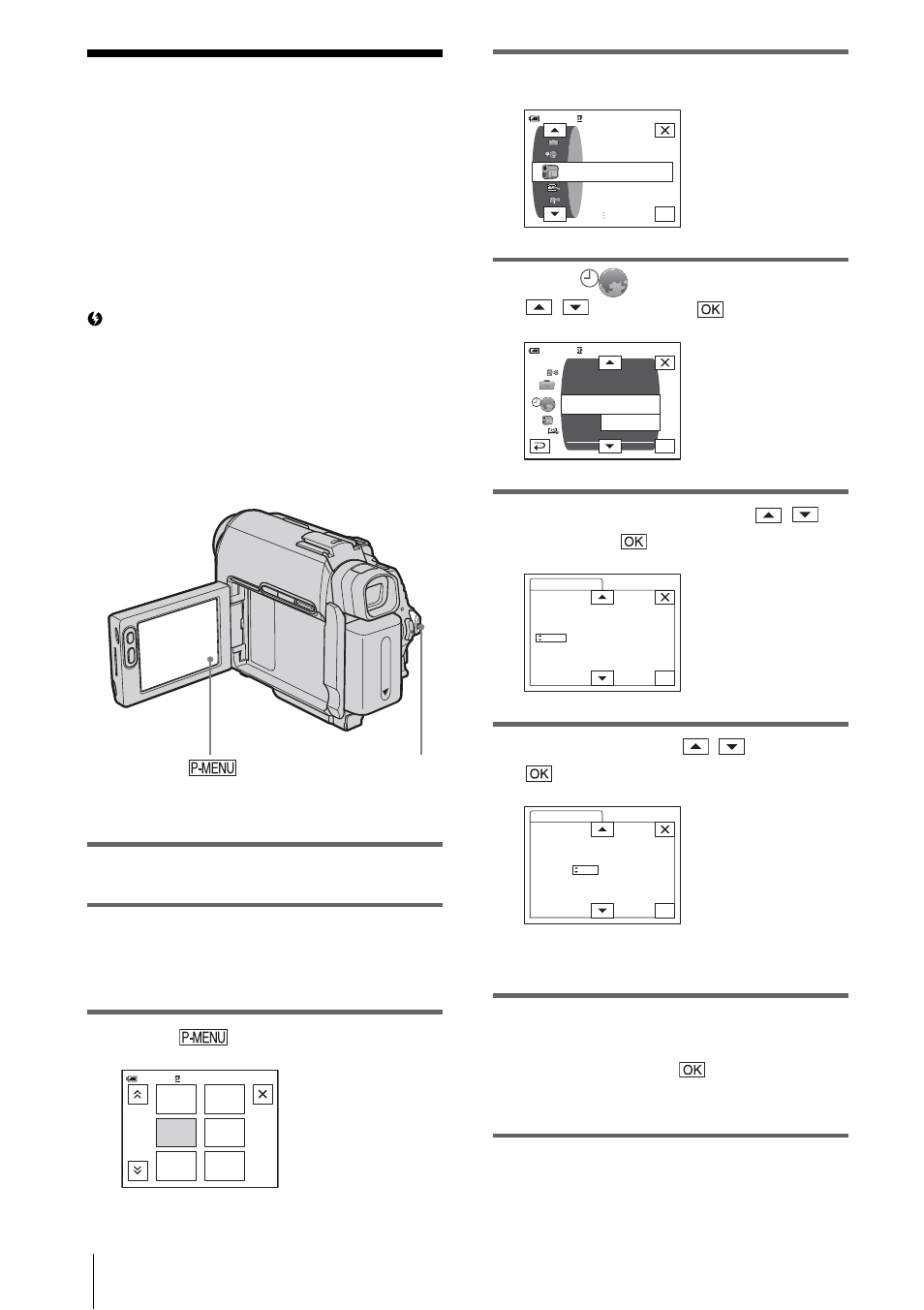 Step 5: setting the date and time, Turn on your camcord er (p. 19), Open the lcd panel | Touch, Touch [menu, Select (time/langu.) with / , then touch, Select [clock set] with / , then touch, Set [y] (year) with / , then touch, You can set any year up to the year 2079 | Sony DCR-HC30 User Manual | Page 22 / 148