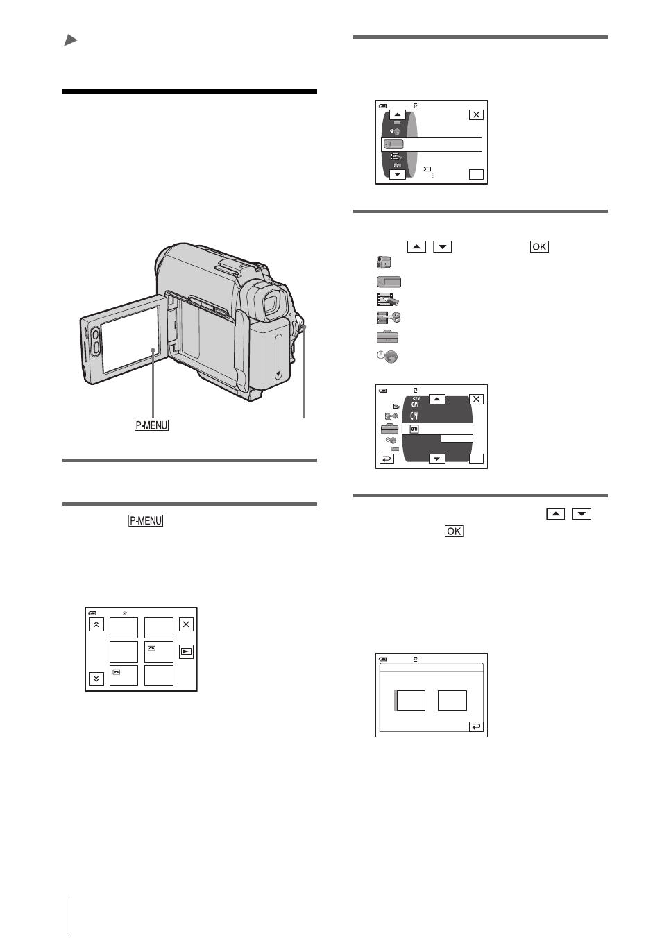 Advanced operations, Using the menu, Selecting menu items | P. 62), Turn on the powe r (p. 19), Touch, Touch [menu] to display the menu index screen, Select the desired item with / , then touch | Sony DCR-HC30 User Manual | Page 62 / 148