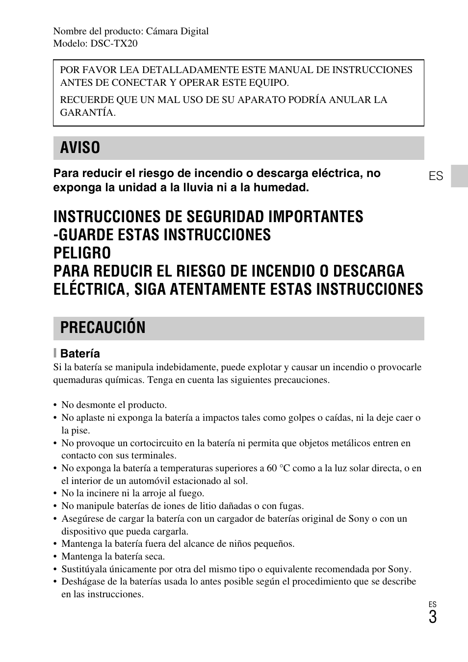 Aviso precaución | Sony DSC-TX20 User Manual | Page 37 / 68