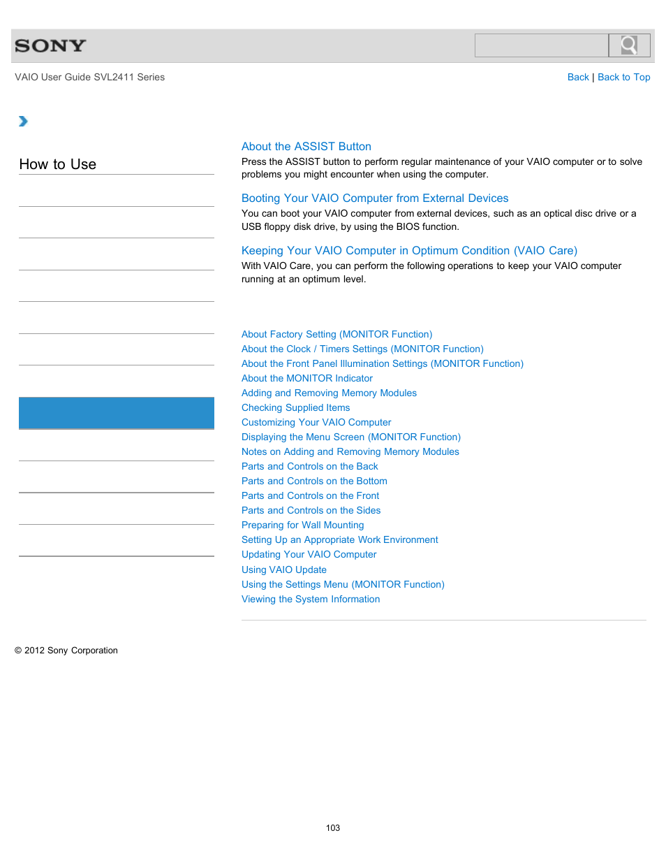 Vaio computer, How to use | Sony SVL241190X User Manual | Page 103 / 522