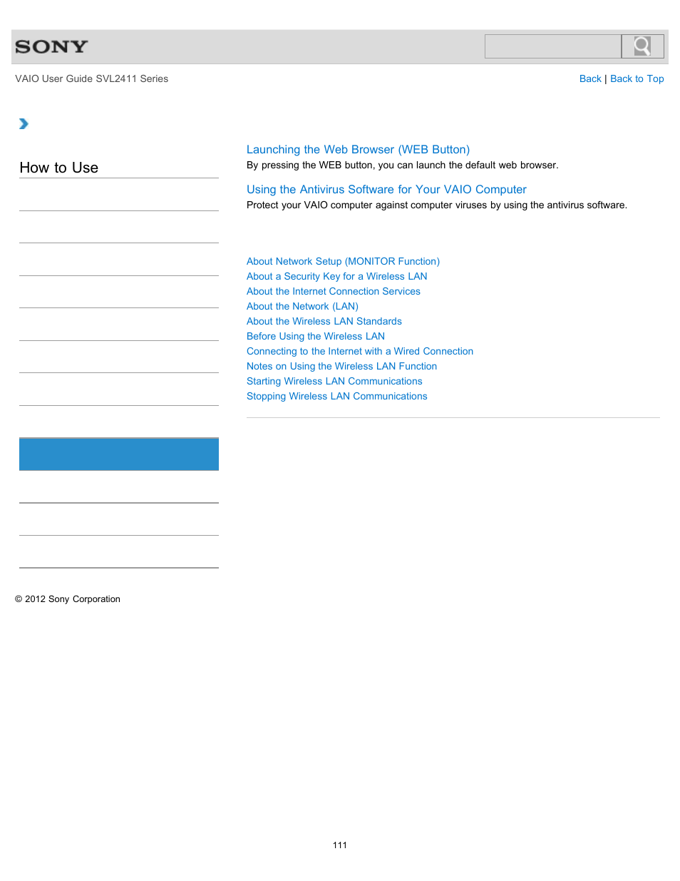 Internet, How to use | Sony SVL241190X User Manual | Page 111 / 522