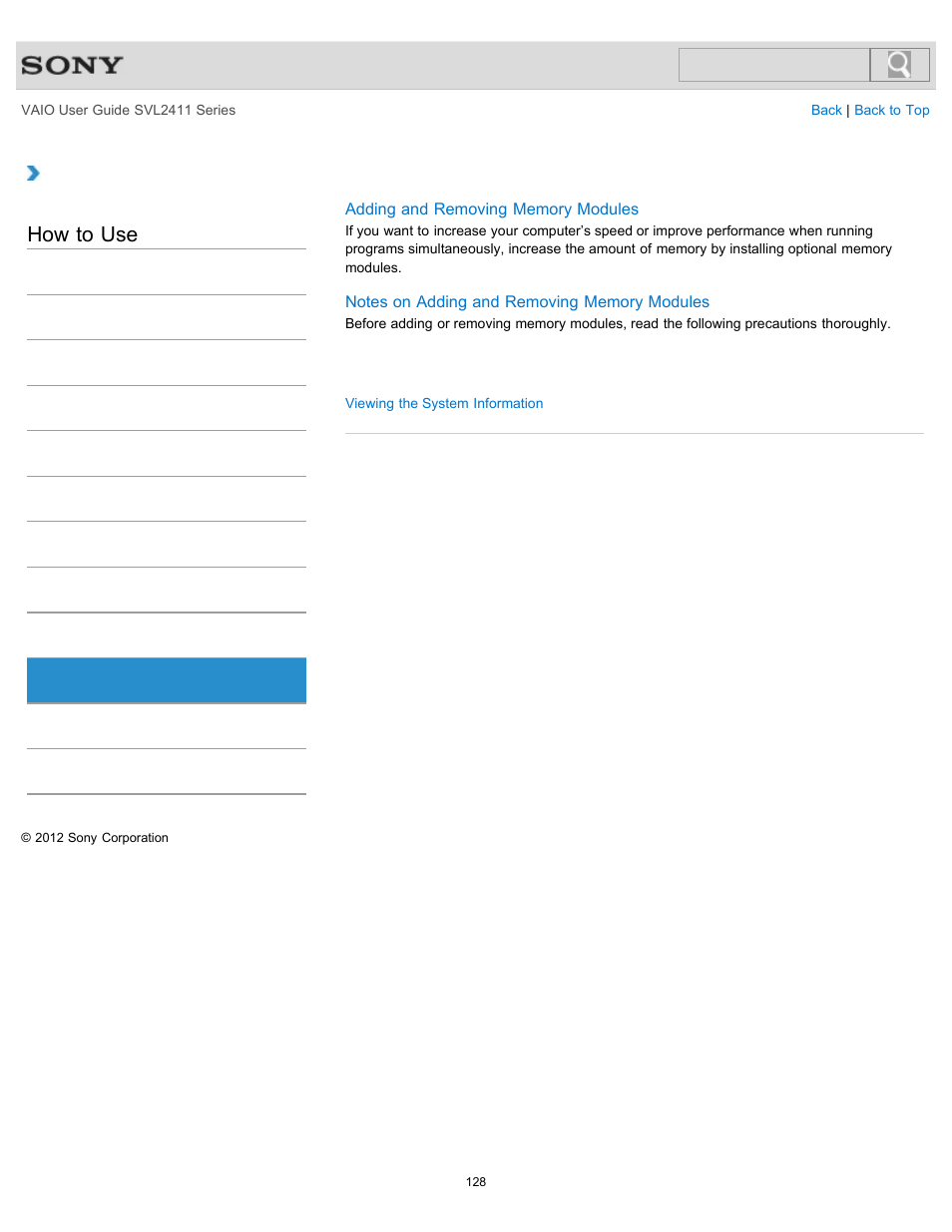 Memory module, How to use | Sony SVL241190X User Manual | Page 128 / 522