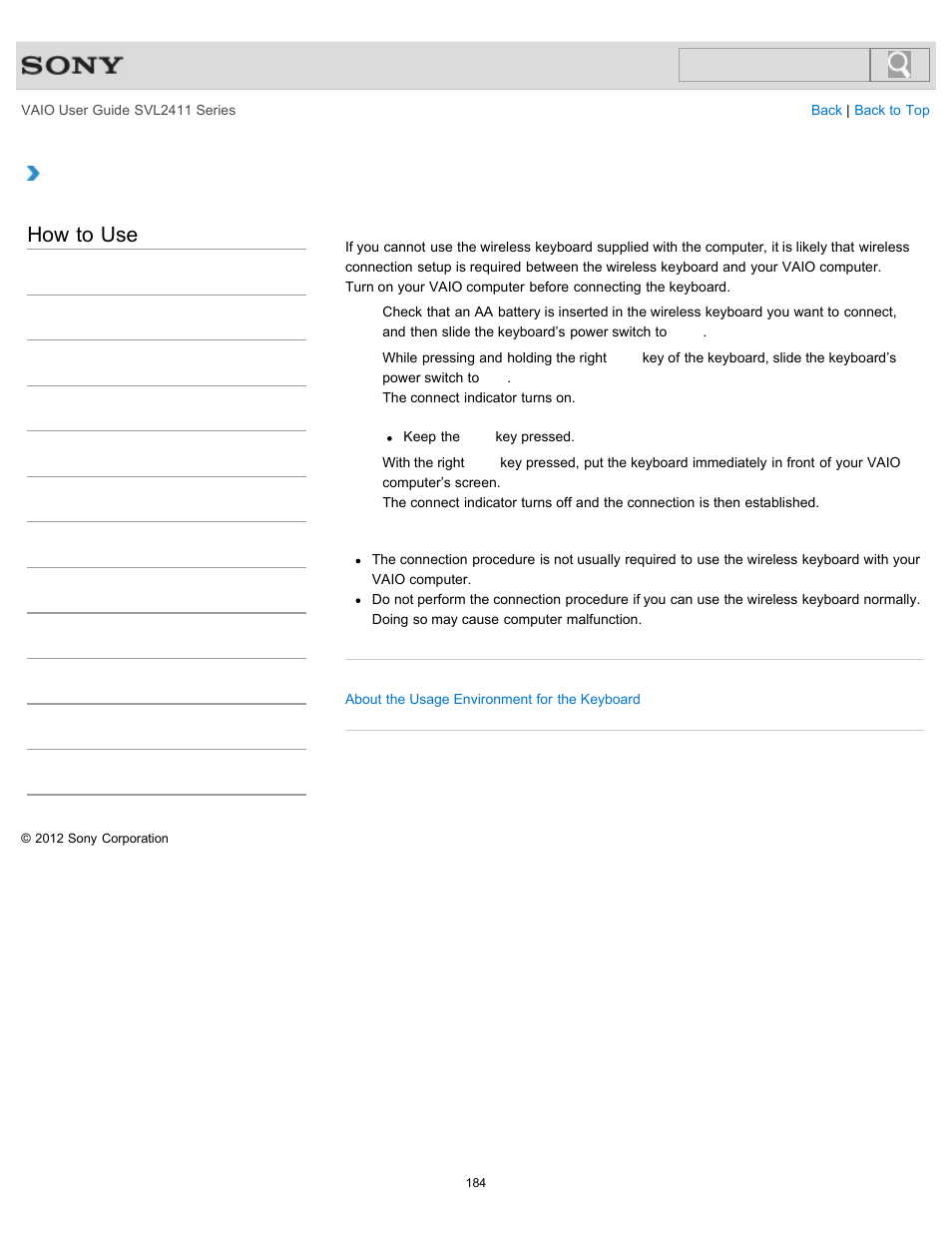 Connecting the wireless keyboard, Details, How to use | Sony SVL241190X User Manual | Page 184 / 522