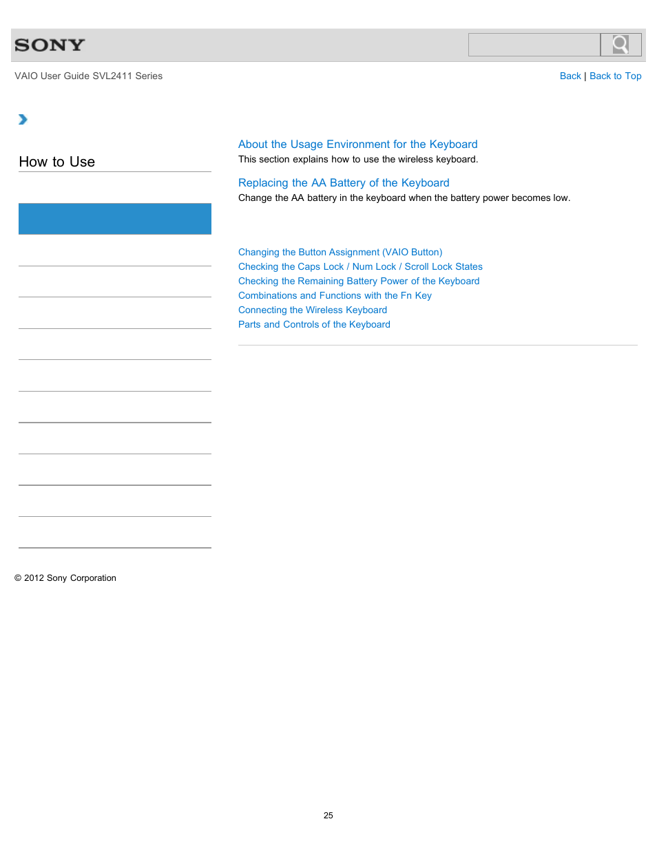 Keyboard, How to use | Sony SVL241190X User Manual | Page 25 / 522