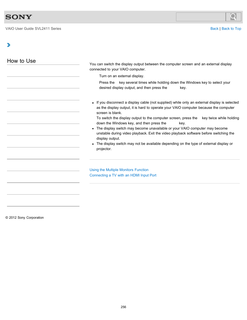 Selecting display modes, How to use | Sony SVL241190X User Manual | Page 256 / 522