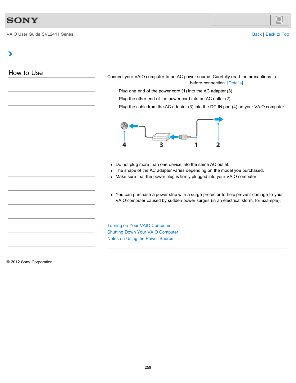 Connecting a power source, Details, How to use | Sony SVL241190X User Manual | Page 259 / 522