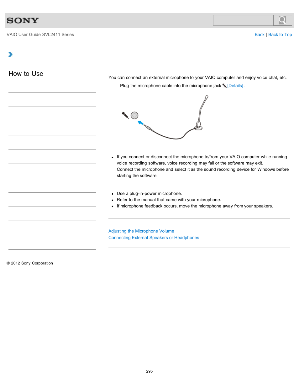 Connecting an external microphone, Details, How to use | Sony SVL241190X User Manual | Page 295 / 522