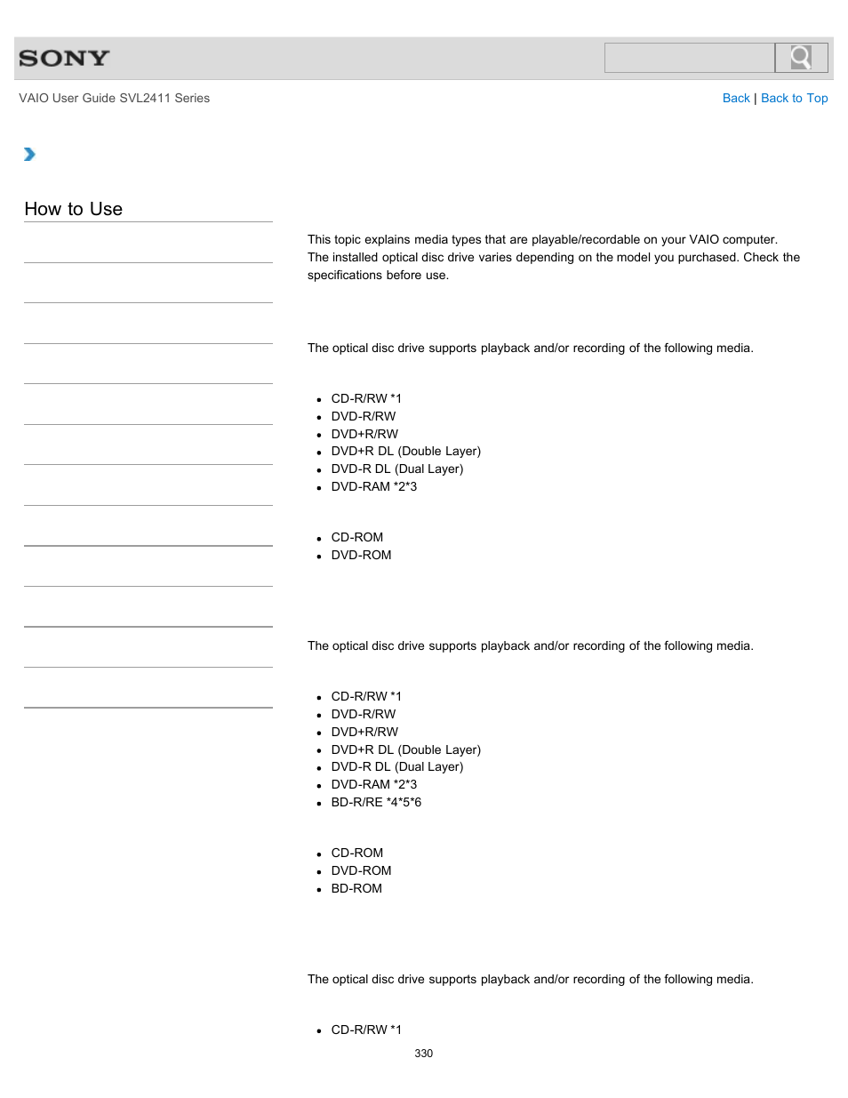 Supported discs<optical disc drive equipped models, How to use | Sony SVL241190X User Manual | Page 330 / 522