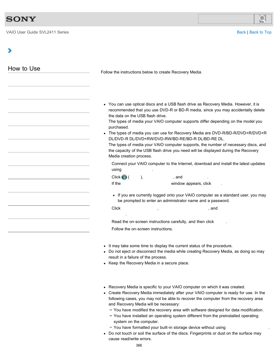 Creating recovery media, Details, How to use | Sony SVL241190X User Manual | Page 366 / 522