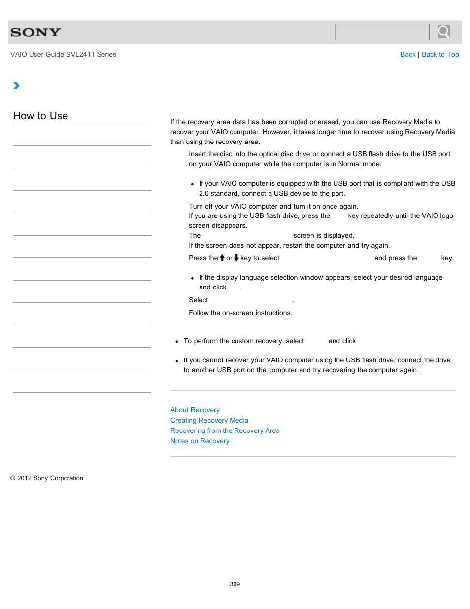Recovering from recovery media, How to use | Sony SVL241190X User Manual | Page 369 / 522