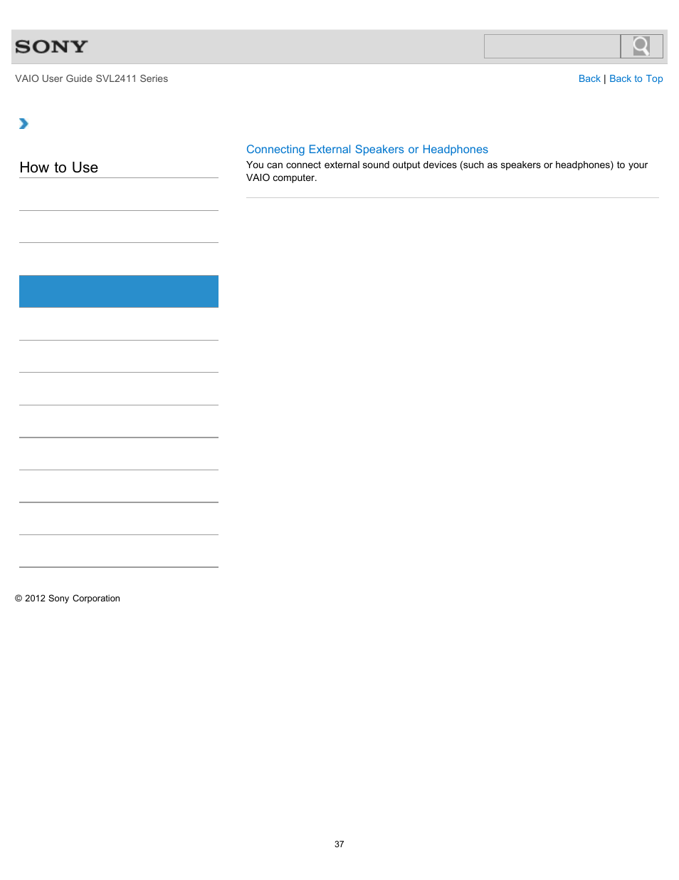 Headphones, How to use | Sony SVL241190X User Manual | Page 37 / 522