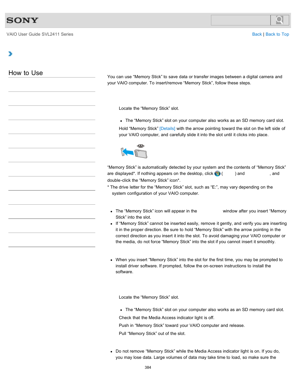Inserting/removing “memory stick, Details, How to use | Sony SVL241190X User Manual | Page 384 / 522