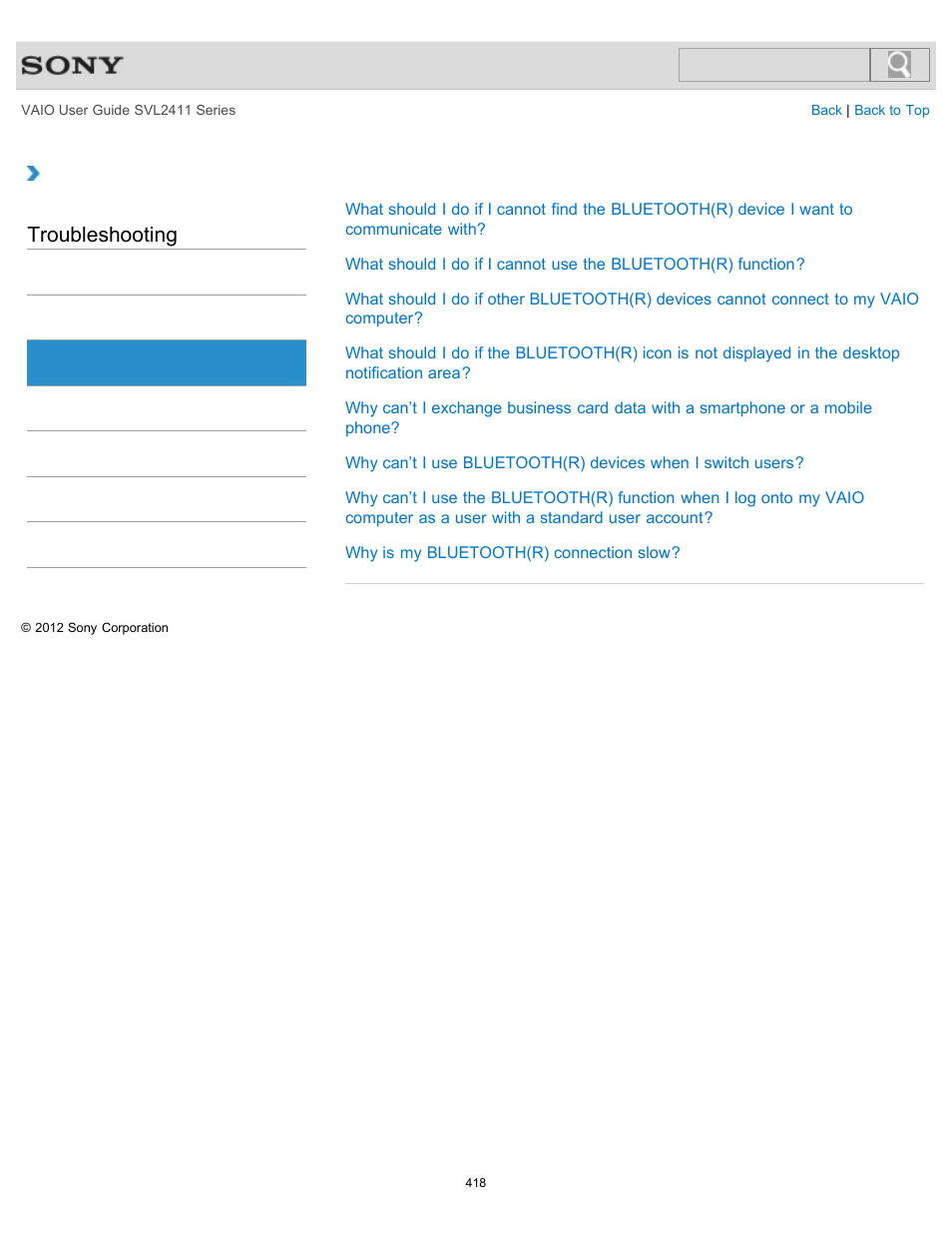 Bluetooth, Troubleshooting | Sony SVL241190X User Manual | Page 418 / 522