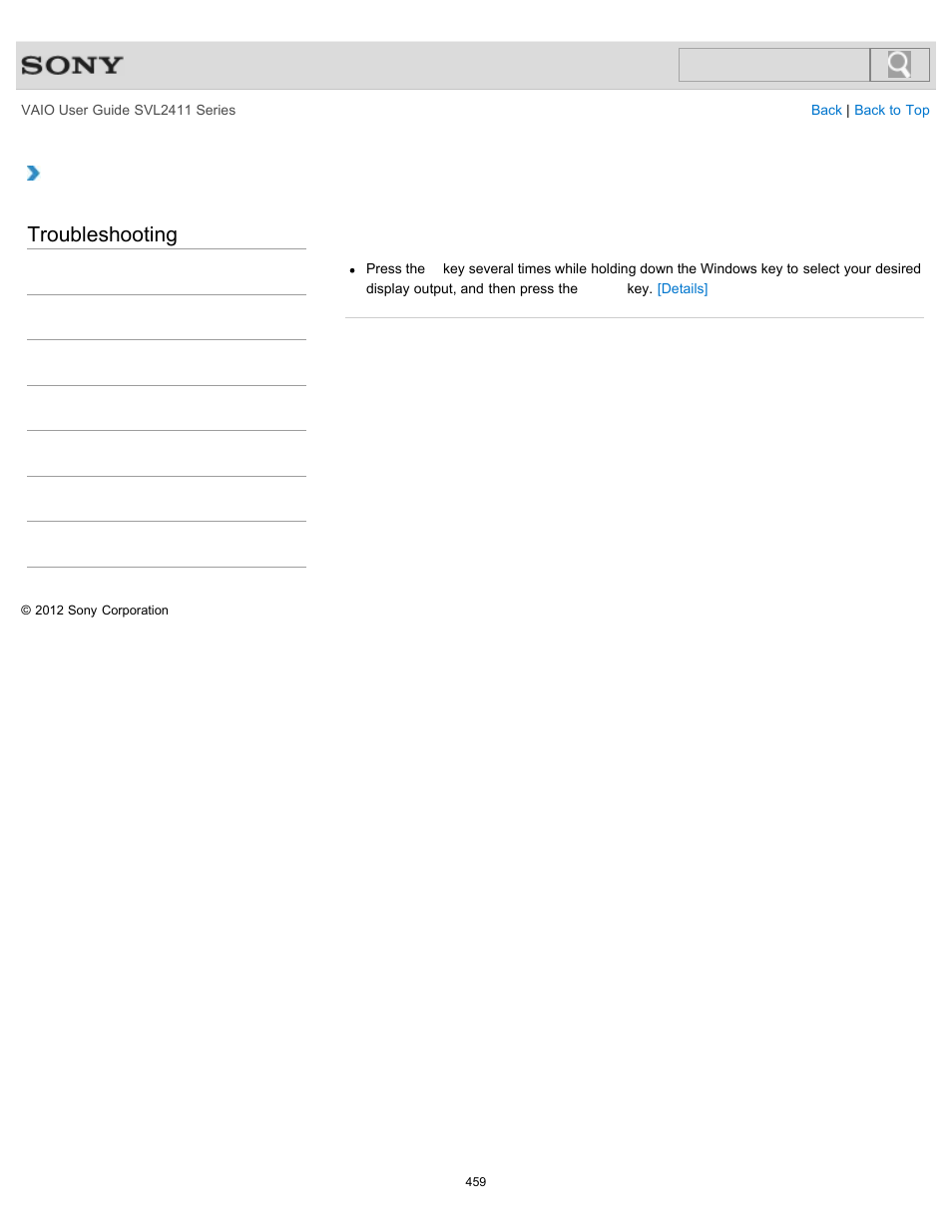 Screen, Troubleshooting | Sony SVL241190X User Manual | Page 459 / 522