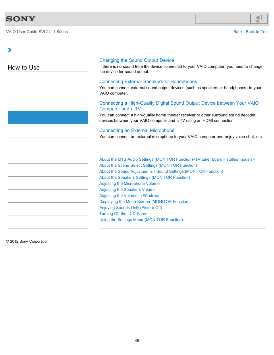 Audio, How to use | Sony SVL241190X User Manual | Page 46 / 522