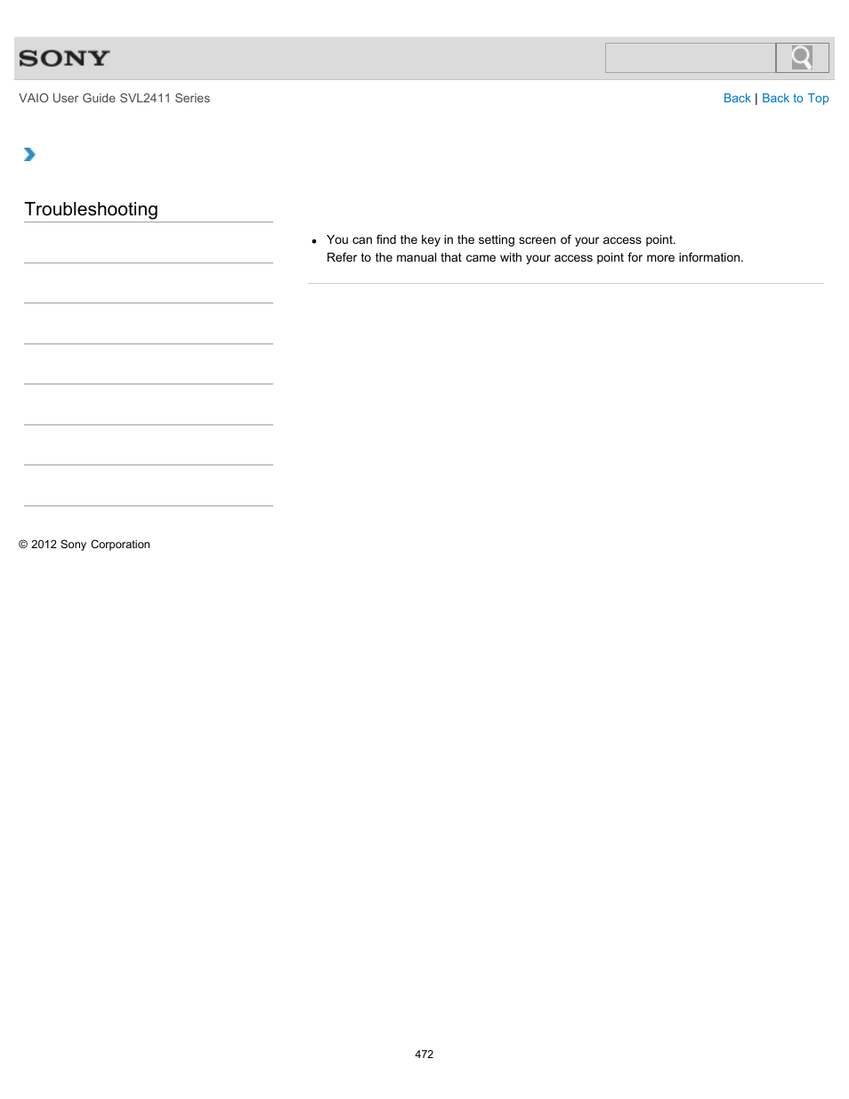 Point, Troubleshooting | Sony SVL241190X User Manual | Page 472 / 522