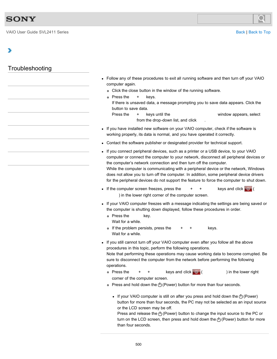 Troubleshooting | Sony SVL241190X User Manual | Page 500 / 522