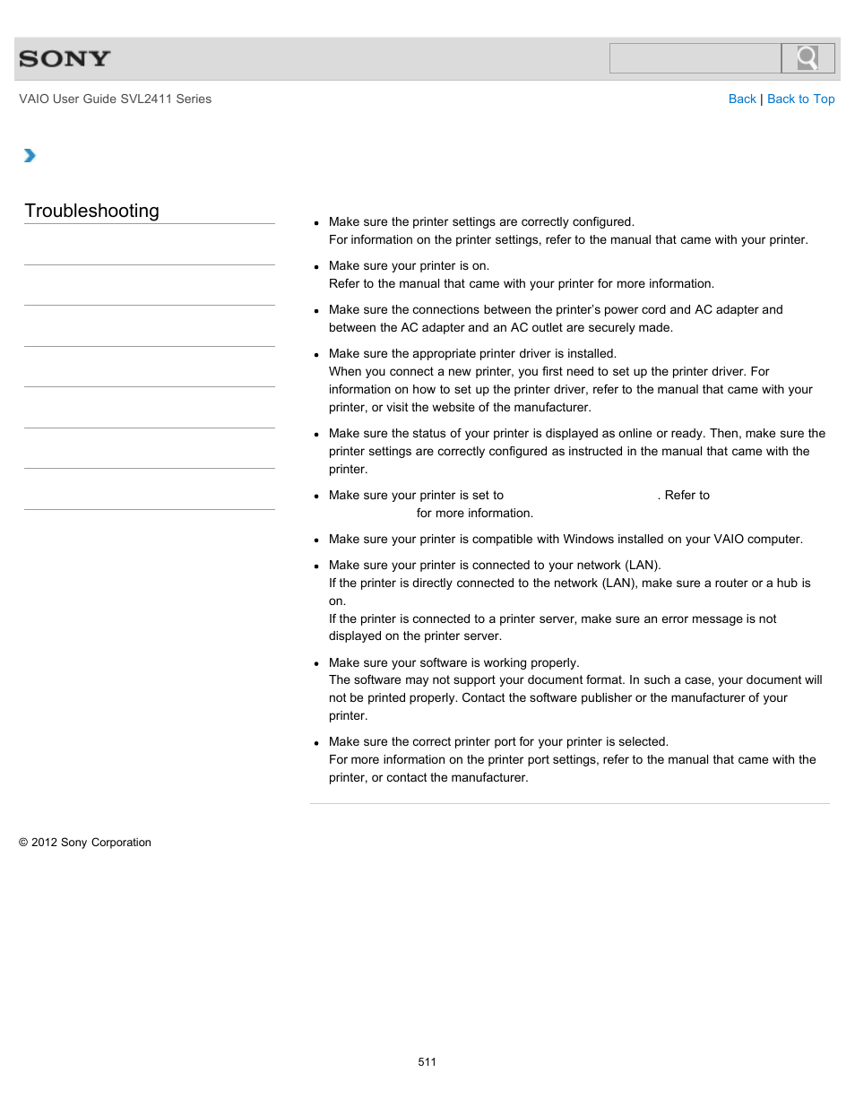 What should i do if i cannot print a document, Troubleshooting | Sony SVL241190X User Manual | Page 511 / 522