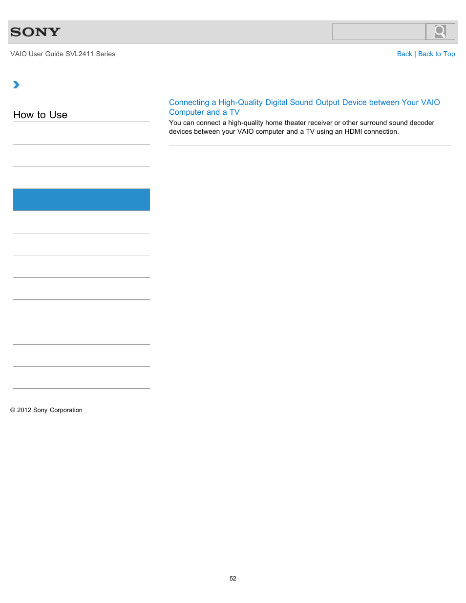 Optical digital output, How to use | Sony SVL241190X User Manual | Page 52 / 522