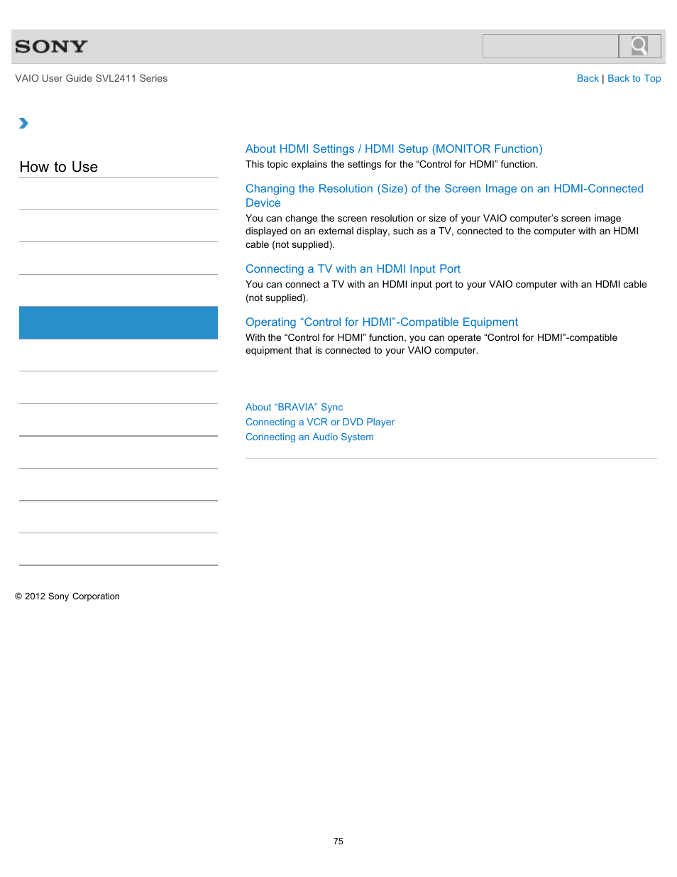 Hdmi, How to use | Sony SVL241190X User Manual | Page 75 / 522