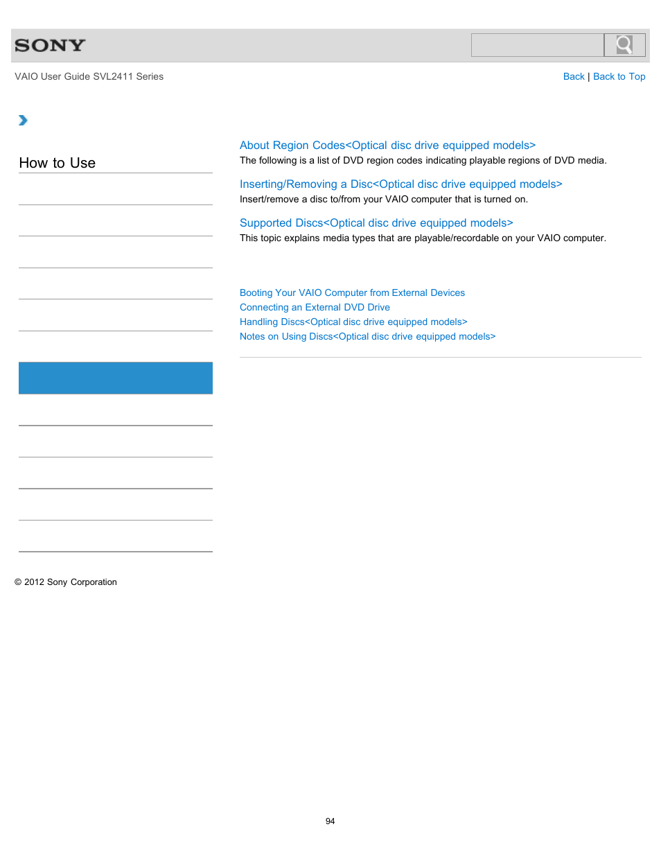 Cd/dvd/bd, How to use | Sony SVL241190X User Manual | Page 94 / 522