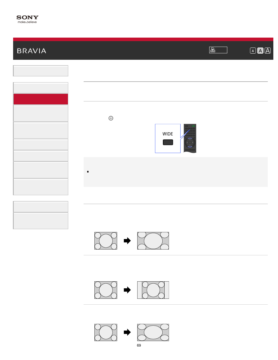 Screen format/wide mode | Sony KDL-65W850A User Manual | Page 69 / 249