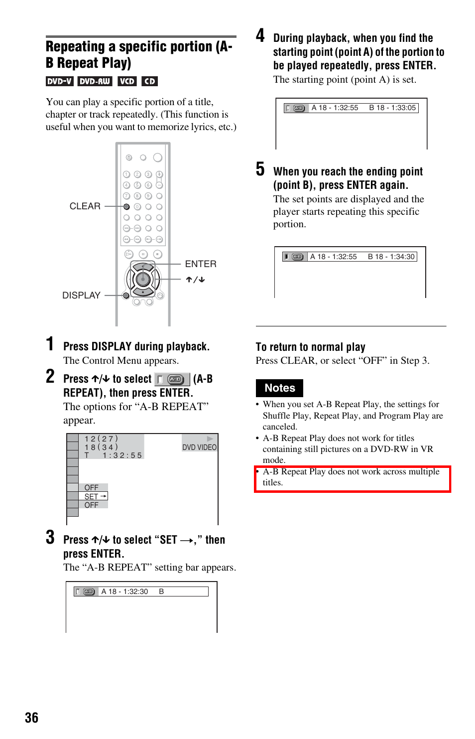 Repeating a specific portion (a- b repeat play) | Sony DVP-NS575PB User Manual | Page 36 / 80